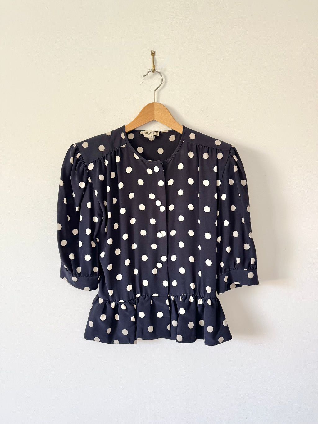 Céline Paris 1980s Silk Polka Dot Peplum Blouse