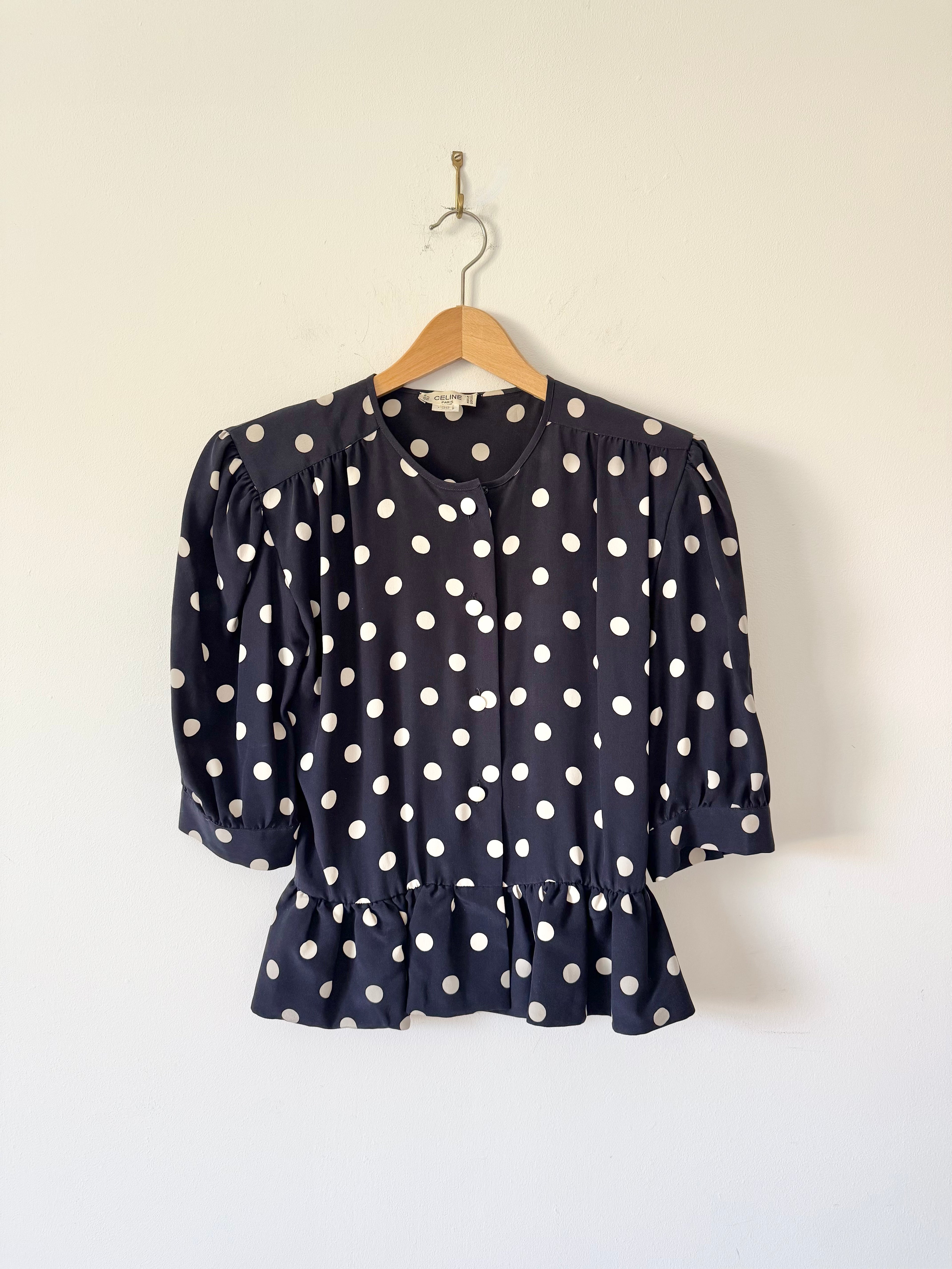 Céline Paris 1980s Silk Polka Dot Peplum Blouse