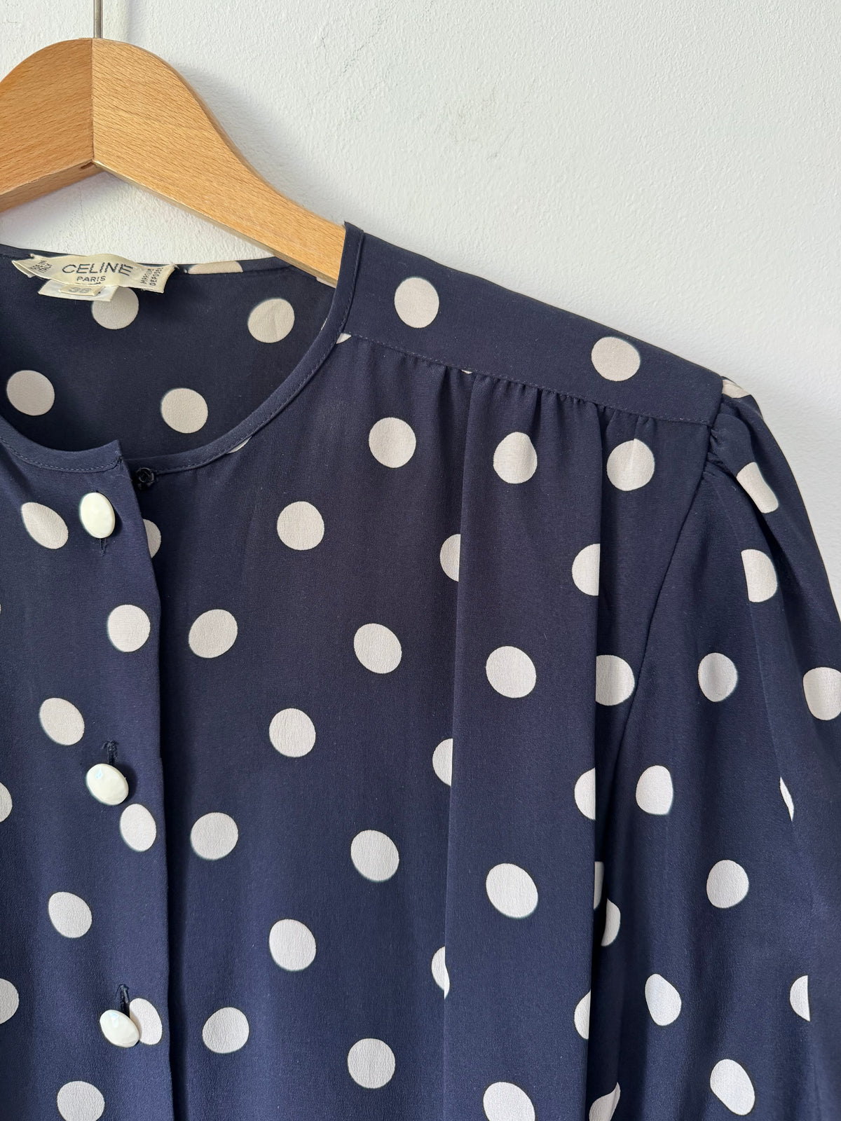Céline Paris 1980s Silk Polka Dot Peplum Blouse
