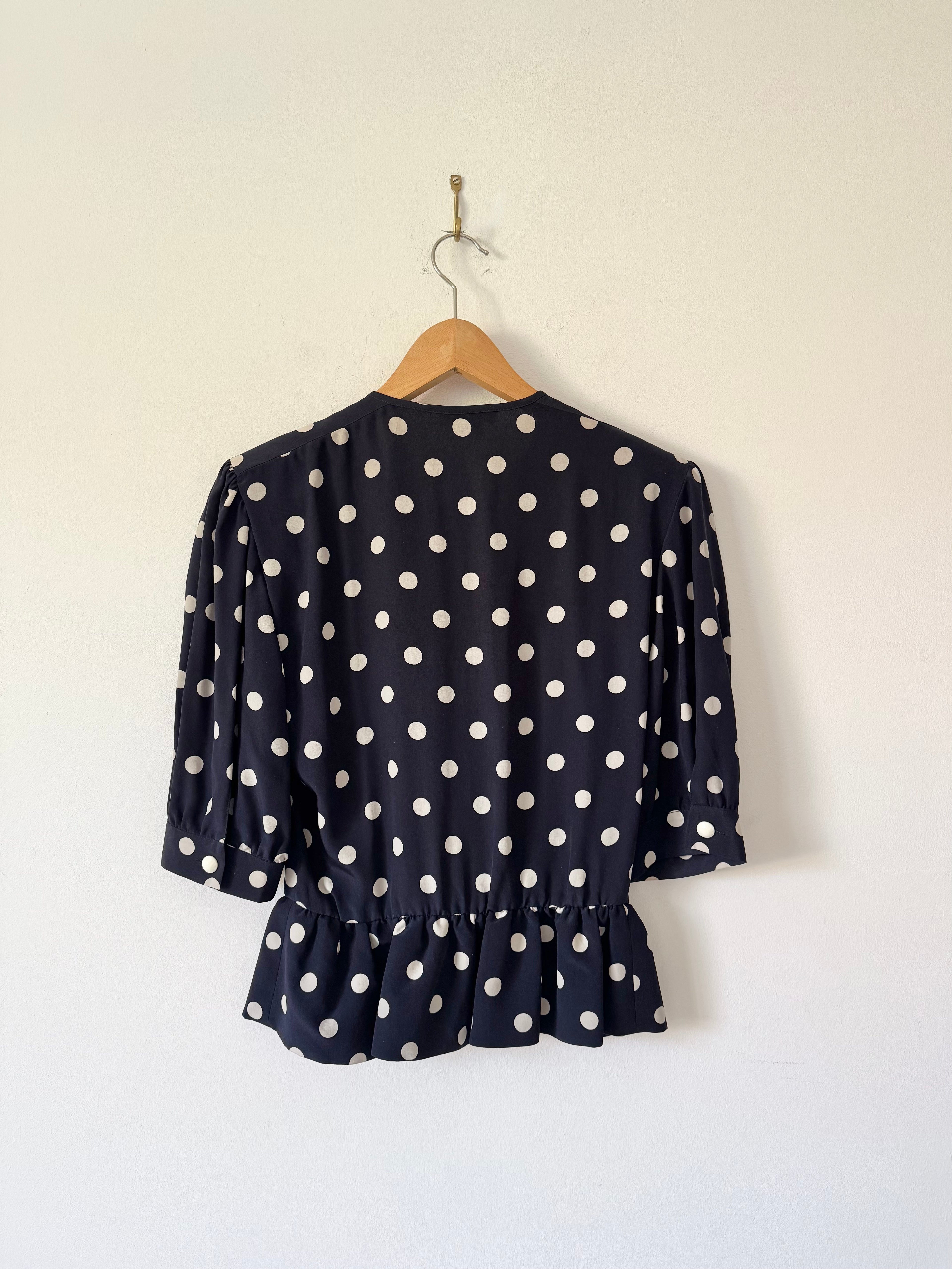Céline Paris 1980s Silk Polka Dot Peplum Blouse