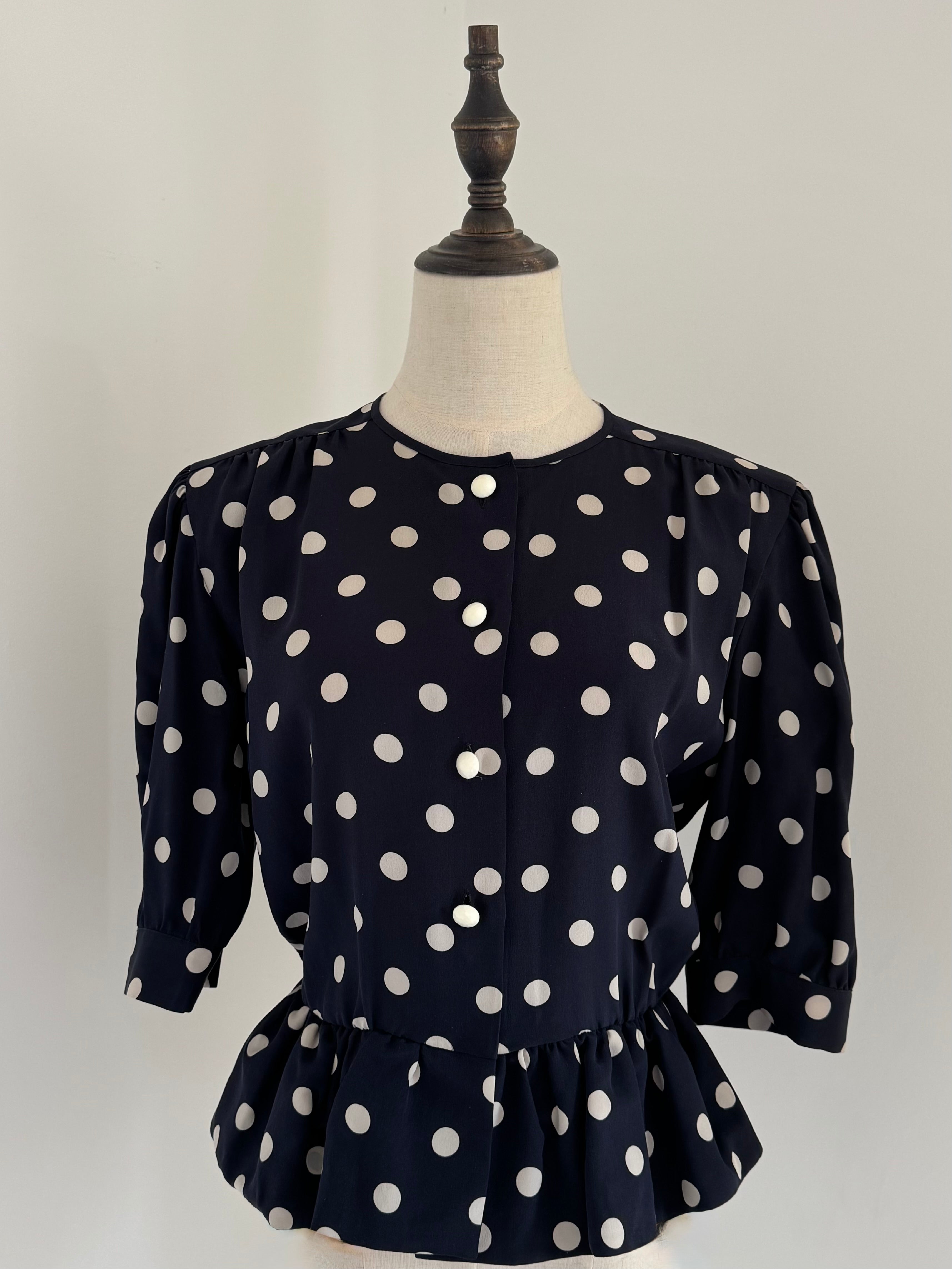 Céline Paris 1980s Silk Polka Dot Peplum Blouse