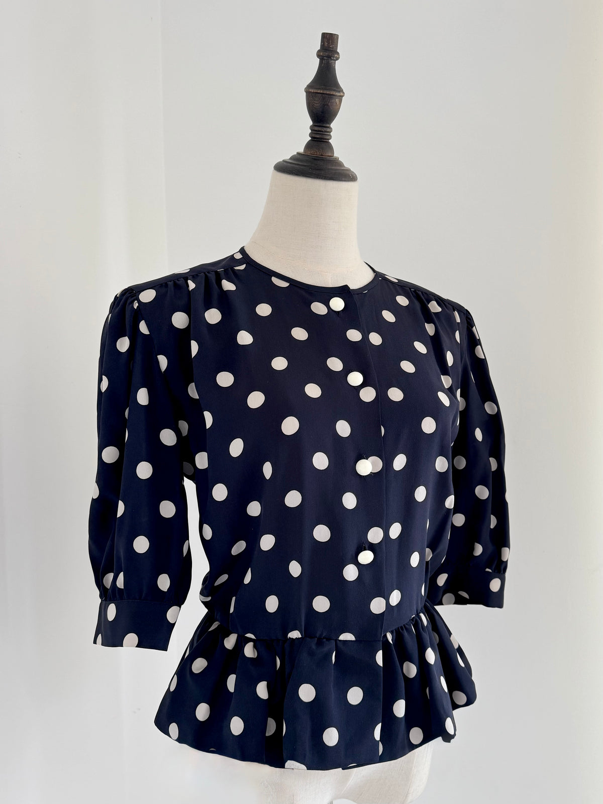 Céline Paris 1980s Silk Polka Dot Peplum Blouse