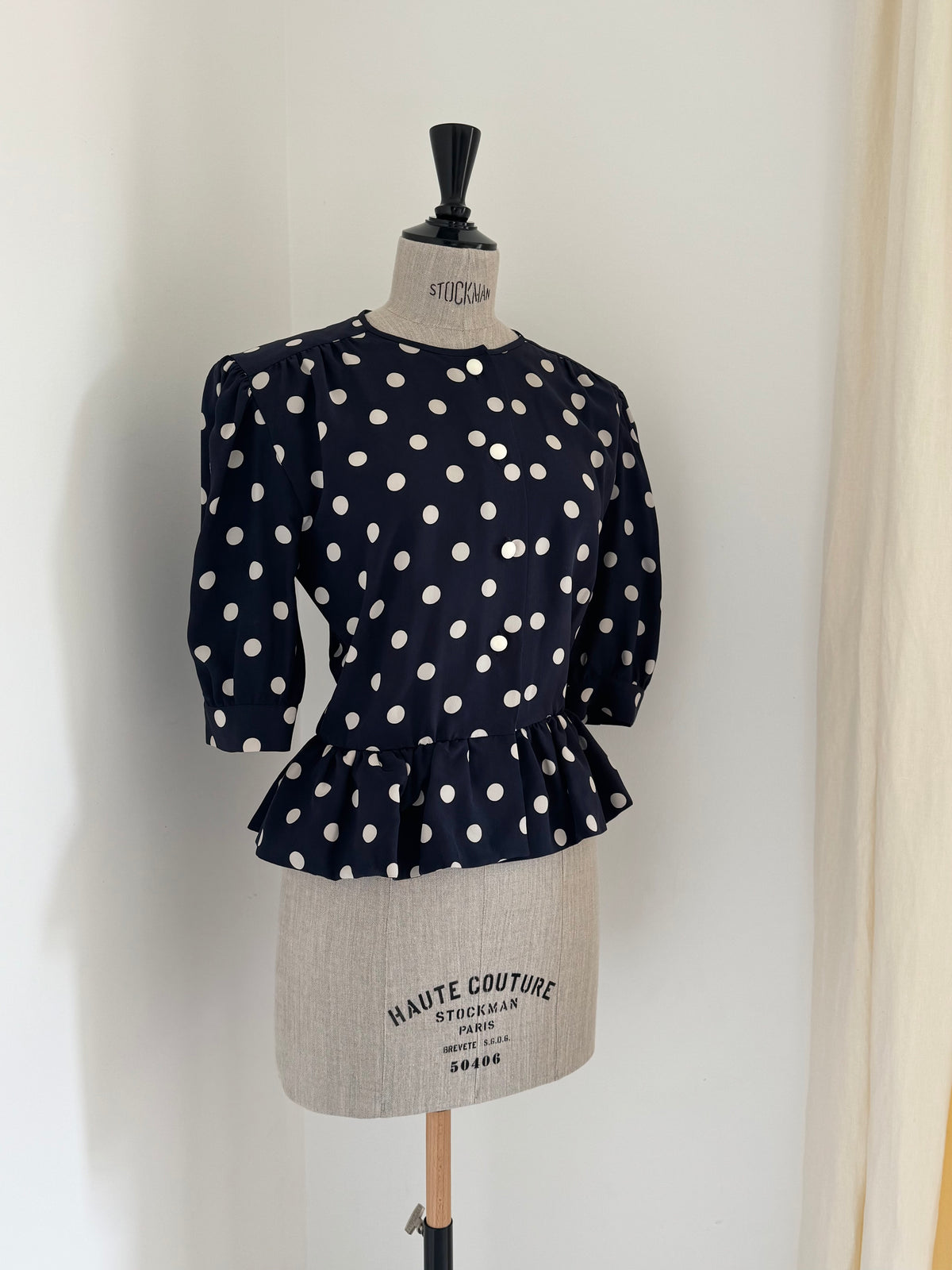 Céline Paris 1980s Silk Polka Dot Peplum Blouse