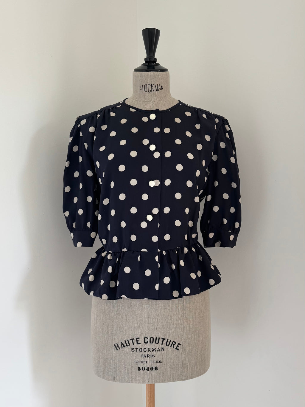 Céline Paris 1980s Silk Polka Dot Peplum Blouse