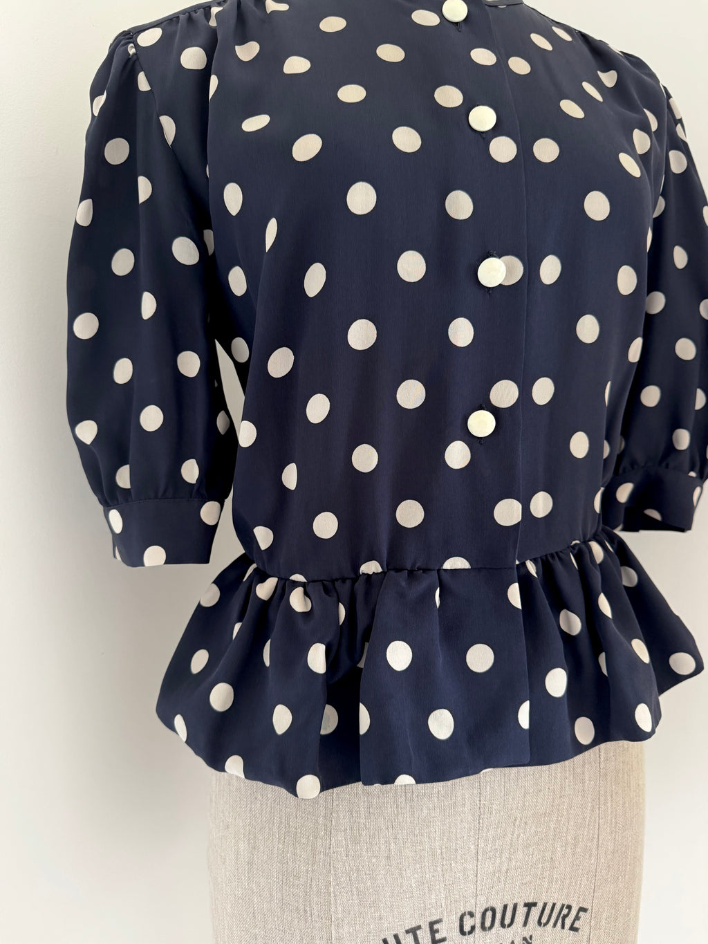 Céline Paris 1980s Silk Polka Dot Peplum Blouse