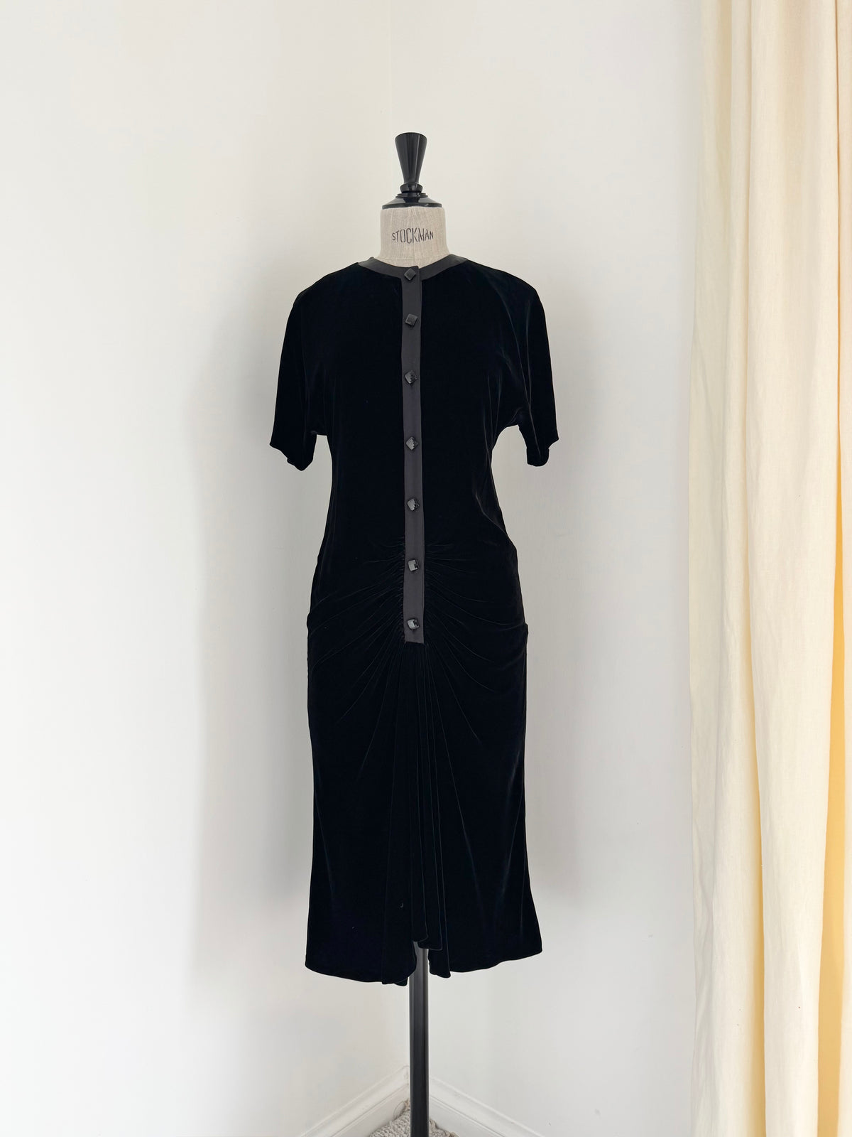 Bruce Oldfield Black Silk Velvet Draped Dress, 1980s