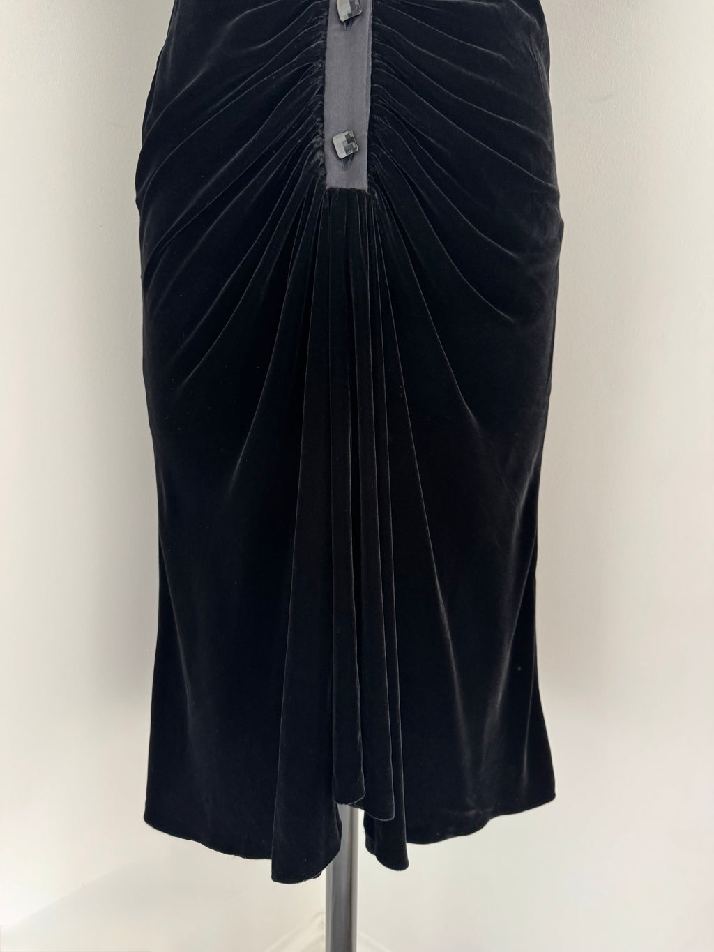 Bruce Oldfield Black Silk Velvet Draped Dress, 1980s