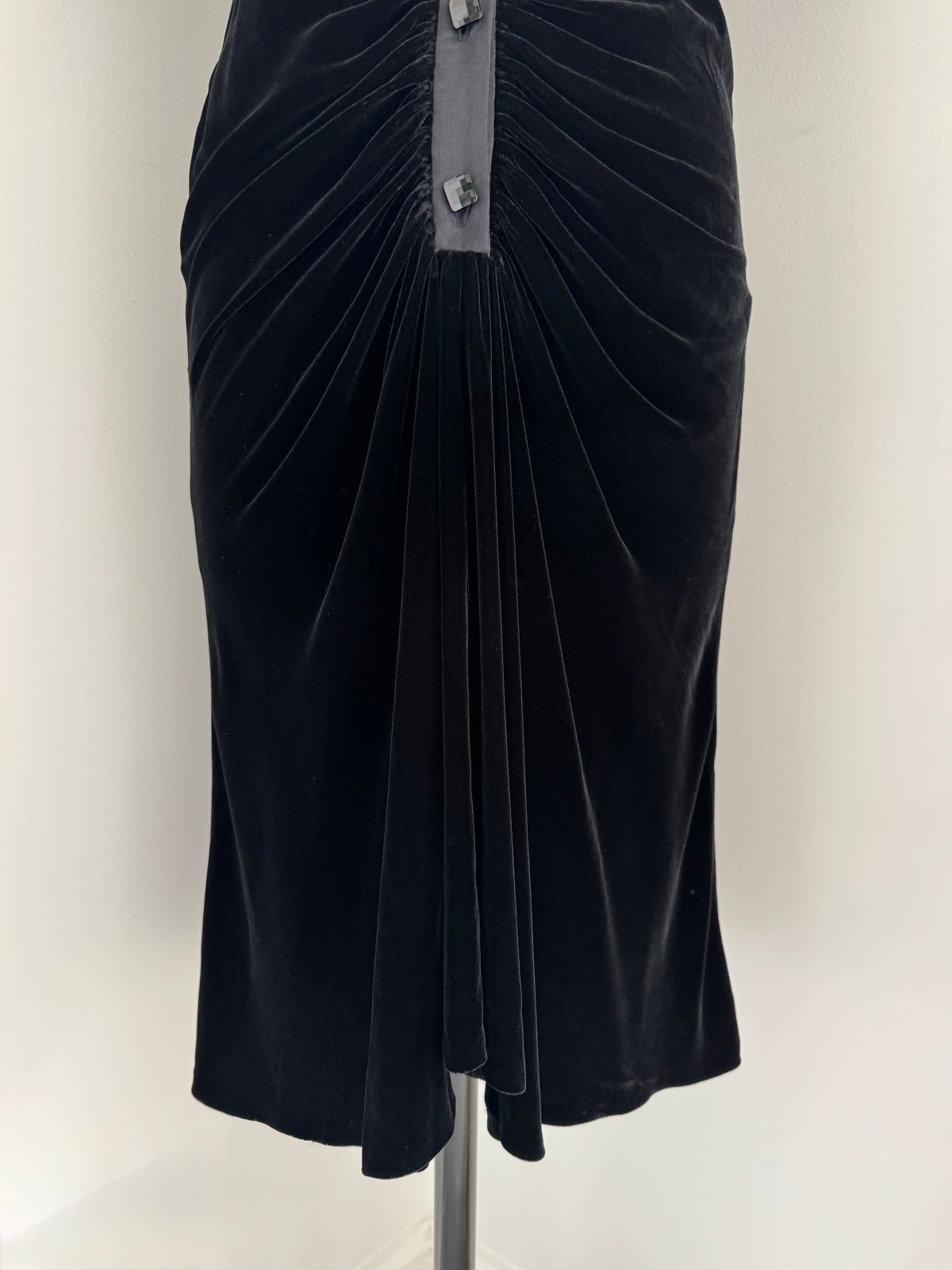Bruce Oldfield Black Silk Velvet Draped Dress, 1980s